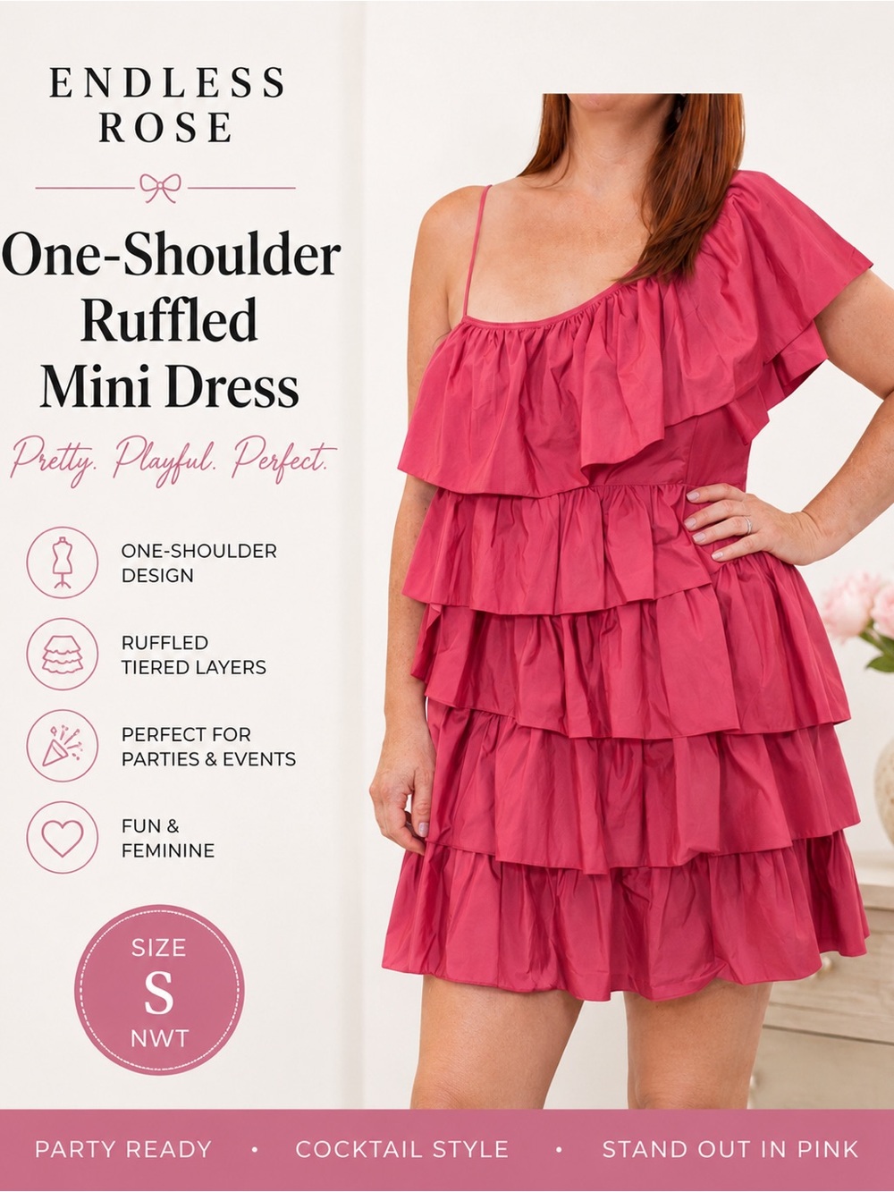 Endless Rose One-Shoulder Ruffled Mini Dress Pink Party Cocktail NWT Size S